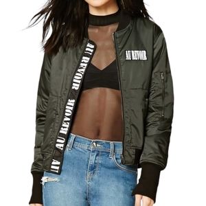 Forever 21 Satin Bomber Jacket Green Black Sz Small